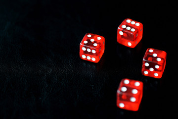 Red dice on a black background close-up. Gambling сoncept