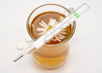Herbal tea in transparent Cup, thermometer and white pills.