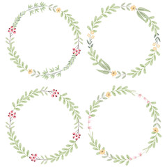 watercolor botanical hand drawing leafs wreath with tiny pink and yellow flowers collection eps10 vectors illustration