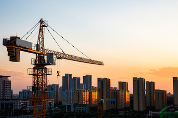 Tower cranes build residential buildings at nigh