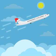 Airplane with santa claus cap or hat flying in sky. Travel and christmas concept ads design. illustration.