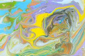 Fototapeta na wymiar Colorful pastel marble pattern with golden glitter. Abstract liquid background