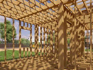 Fototapeta na wymiar 3d image of a frame building under construction. Detailed concept of construction. 3D illustration of frame house.
