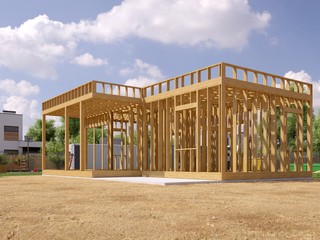 3d image of a frame building under construction. Detailed concept of construction. 3D illustration of frame house.