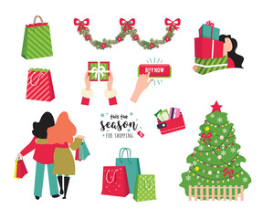 shopping set for christmas shopping season and black friday. Winter set for Christmas or New Year designs.
