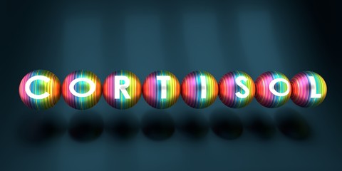 Cortisol word written on striped spheres. 3D rendering