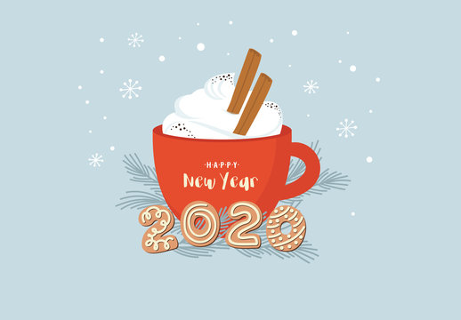 Christmas greeting card, winter invitation with red cup of hot drink. Cocoa or coffee decorated with cinnamone sticks, gingerbread cookie and fir tree branches. illustration background