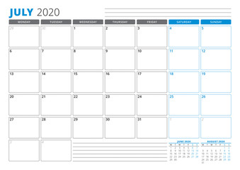 Calendar planner template for July 2020. Stationery Design. Week starts on Monday. 3 Months on the Page. Vector Illustration