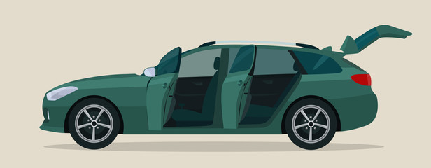 Station wagon car with open driver's and passenger doors, side view. Vector illustration.