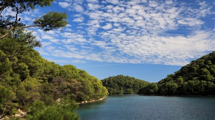 Obraz premium panoramic view to the blue salt water lake and green pine forest, national park, Mljet Island, Croatia