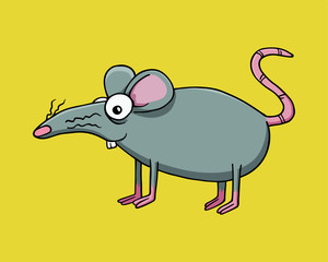 Gray rat or mouse staying on feet sideview and smiling. Vector Illustration isolated on flat yellow background for kids book or for chinese new year of the rat. For children