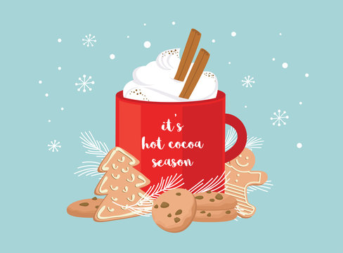 Christmas greeting card, winter invitation with red cup of hot drink. Cocoa or coffee decorated with cinnamone sticks, gingerbread cookie and fir tree branches. illustration background