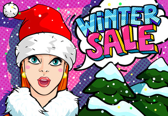 Girl in the red hat of Santa Claus with Winter Sale message in pop art comics style.