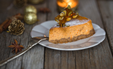 Thanksgiving pumpkin cake  top view, copy space. Fall traditional homemade pumpkin pie or cheesecake  for autumn holiday.