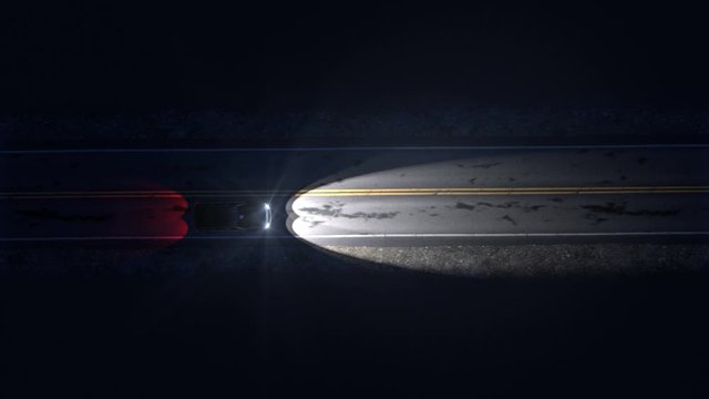 Helicopter view of car driving along night country road from left to right, seamless loop. Cars headlights and tail lights are visible and lightening one lane country road with road markings and bumps