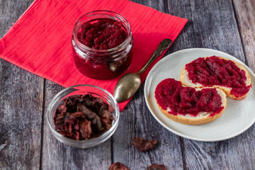 Sandwiches with natural, homemade beetroot jam, vanilla and sugar. Healthy food, vegetarianism.