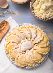 Raw dumplings, pierogi or pyrohy, varenyky, vareniki, served with cottage cheese on board. National Russian cuisine, natural organic homemade bakery product, view from above.