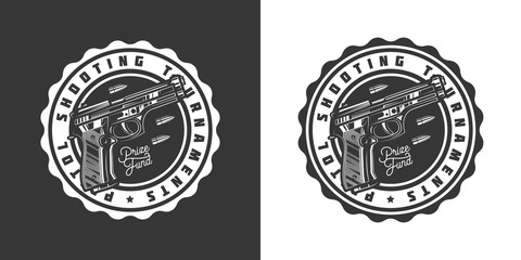 Original monochrome vector emblem with the image of a gun and bullets in retro style.