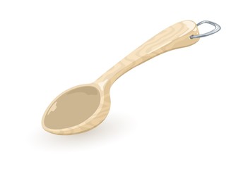 Empty wooden rustic spoon with metallic d-ring hung. Plastic kitchen ladle, bailer for measuring of groats, spices, coffee, flour. Kitchenware, cooking utensil for food preparation. Vector on white.