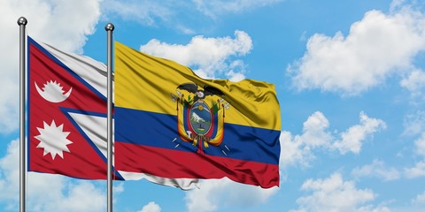 Nepal and Ecuador flag waving in the wind against white cloudy blue sky together. Diplomacy concept, international relations.