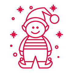 Christmas elf in striped costume and snowflakes linear icon
