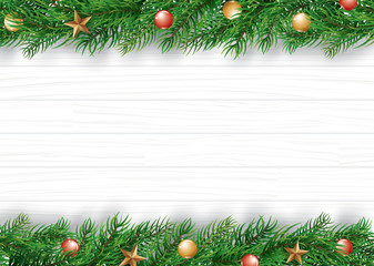 Fototapeta na wymiar Christmas frame with copy space for text on white wooden background. Vector illustration decoration with fir branches and gift. Use for greeting card, banner, web cover.