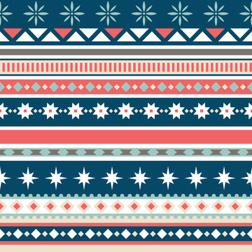 Beautiful seamless pattern with stripes and snowflake. Winter background for Christmas or New Year design. Nordic seamless pattern in scandinavian folk style