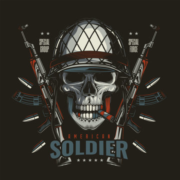 Original vector illustration in retro style. Military skull on the background of automatic weapons. T-shirt or sticker design.