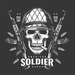 Original monochrome vector illustration. Military skull on the background of automatic weapons. T-shirt or sticker design.