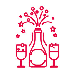 Champagne bottle opening and glasses with drink linear icon