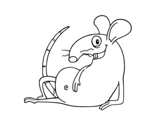 Line art rat or mouse lying on the side on the ground and smiling. Illustration isolated on flat white background for kids book or for chinese new year of the rat. For children