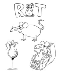 Line art rat or mouse. Set of four Illustrations isolated on flat white background for kids book or for chinese new year of the rat. Hand drawn outline pack for children