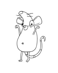 Line art happy rat or mouse staying on two feet and cheerfully raising arms. Illustration isolated on flat white background for kids coloring book or for chinese new year of the rat. For children