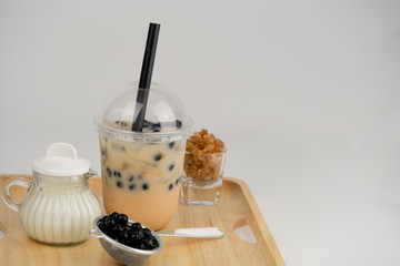 Taiwan milk tea with bubbles, Bubble milk tea, popular Asian drink with ingredient isolated on white background.