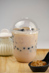 Taiwan milk tea with bubbles, Bubble milk tea, popular Asian drink with ingredient isolated on white background.