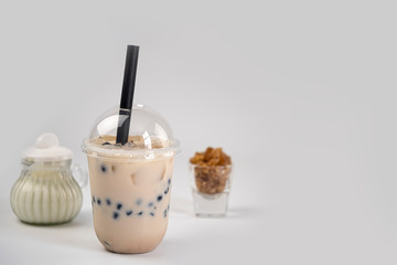 Taiwan milk tea with bubbles, Bubble milk tea, popular Asian drink with ingredient isolated on white background.
