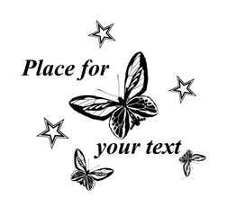 Vector background with the image of black white butterflies and stars