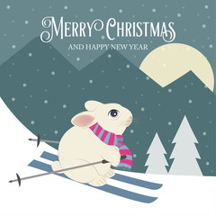 Fototapeta premium Beautiful retro Christmas card with rabbit skier. Flat design. Vector