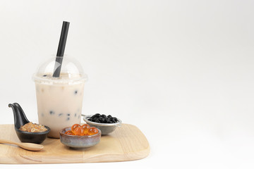 Taiwan milk tea with bubbles, Bubble milk tea, popular Asian drink with ingredient isolated on white background.