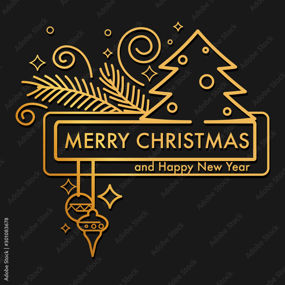 Wall mural merry christmas and happy new year gold on black card