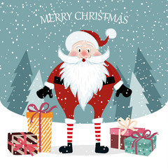 Beautiful flat design Christmas card with Santa. Christmas poster.