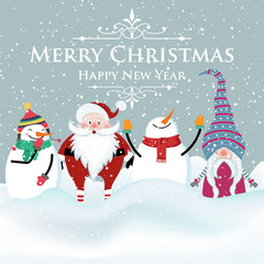 Joyful flat design Christmas card with snowman , Santa and gnome. Christmas poster.