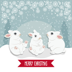 Christmas card with  rabbits. Christmas background. Flat design. Vector