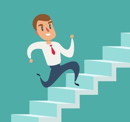 Businessman running up stair to success. Stair step to success. Staircase to success. Cartoon Vector Illustration.