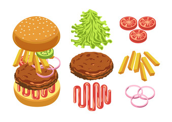 Burger ingredients and separate layers shown for fast food recipe