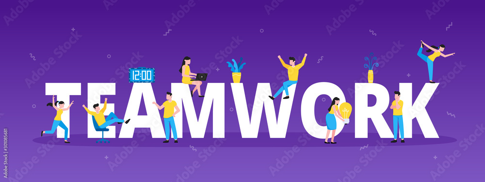 Poster big characters with word teamwork and business tiny people working together. abstract gradient and s