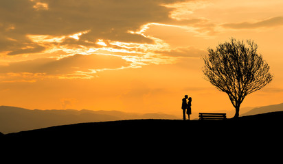 Romantic silhouette of loving couple  near a bench and a tree on hill in sunset background with...