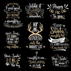 Funny  Christmas quotes collection isolated on black. Vector