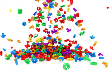 Heap of Colorful Letters Falling on white background. Education Concept