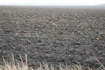 plowed field of black soil of Ukraine in autumn